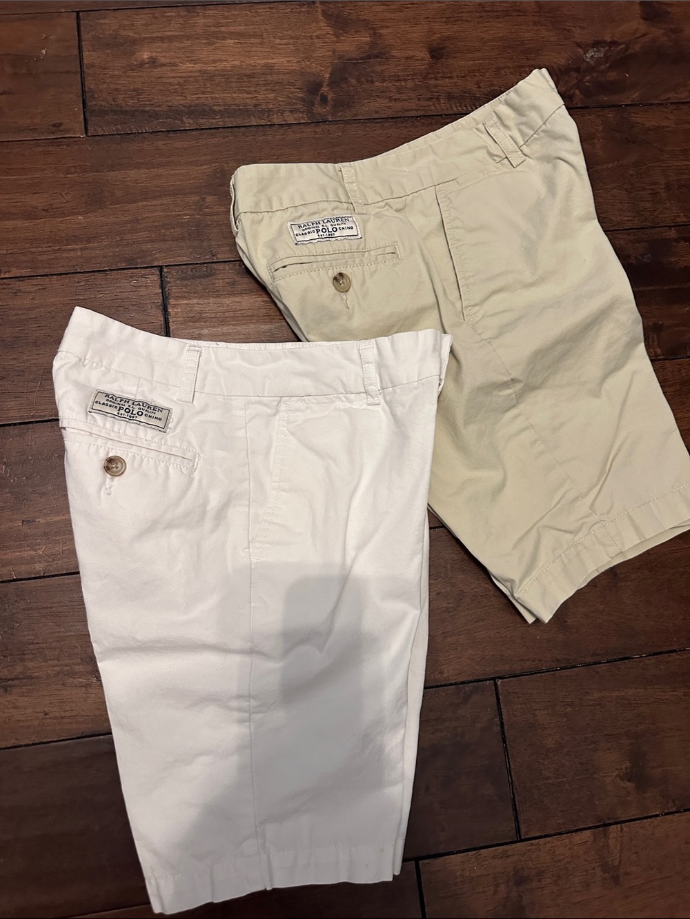Boy’s size 8 Polo by Ralph Lauren White & Light Khaki Cotton Shorts Duo